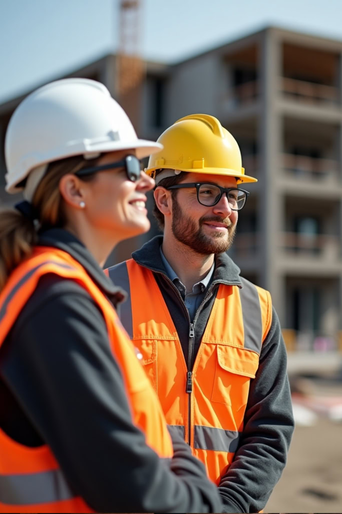 Zwei Personen in Sicherheitswesten und Schutzhelmen stehen vor einem Hotel