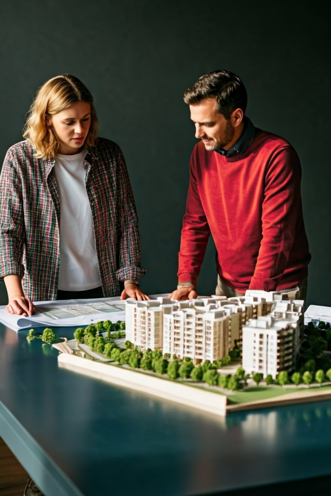 Zwei Architekten betrachten das Modell eines Hotels.