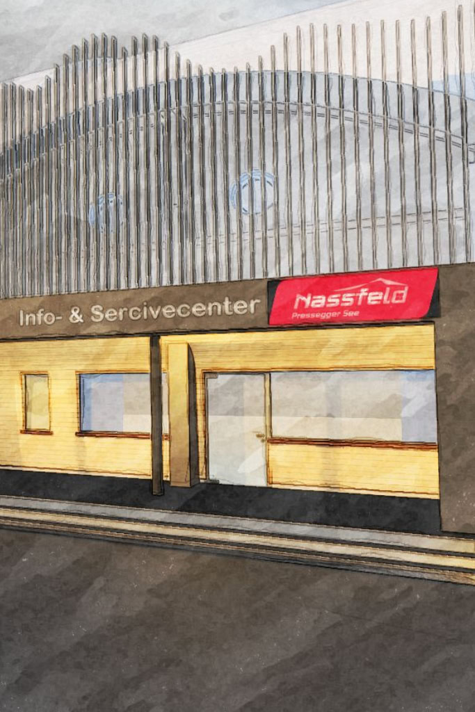 Eine architektonische Darstellung eines Gebäudes mit einem Schild „Info- und Servicecenter“.