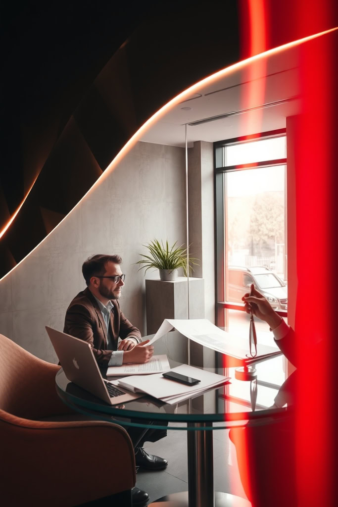 Zwei Personen sitzen an einem Tisch in einem Büro.