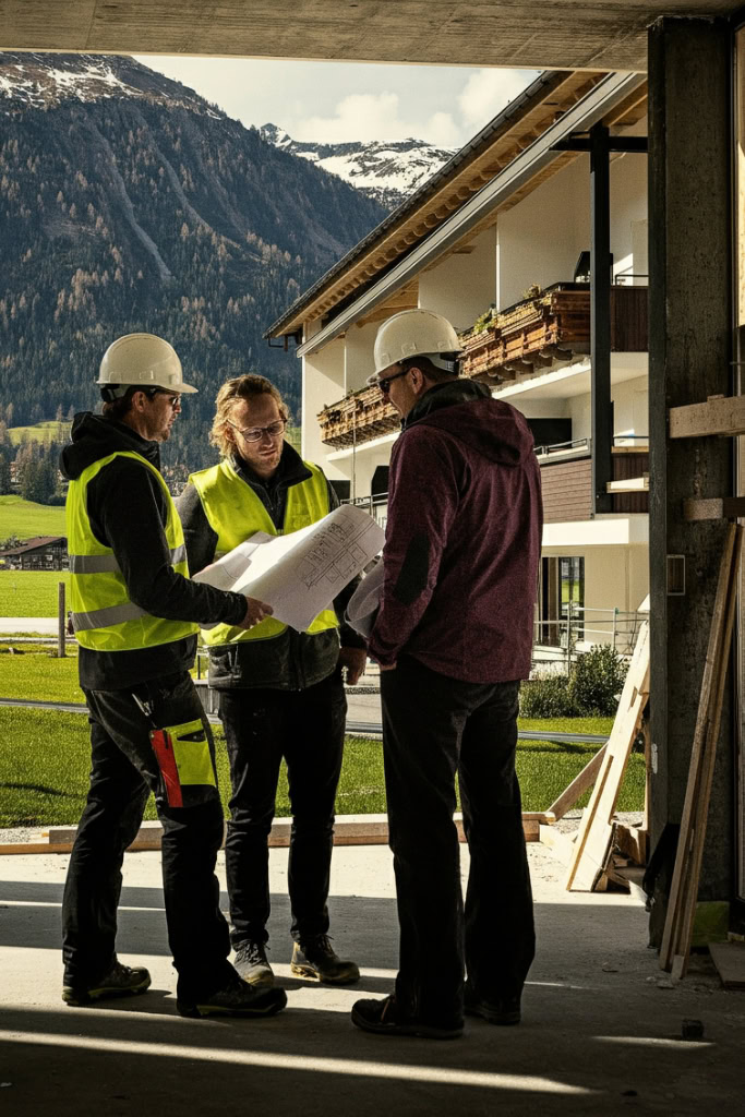 Drei Personen mit Schutzhelmen stehen vor einem Hotel.