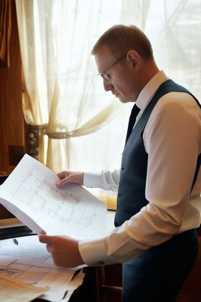 Ein Mann in Anzug und Krawatte sieht sich Baupläne an.