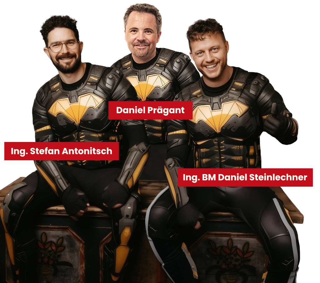 Drei Männer in schwarz-gelben Kostümen sitzen auf einer Bank.