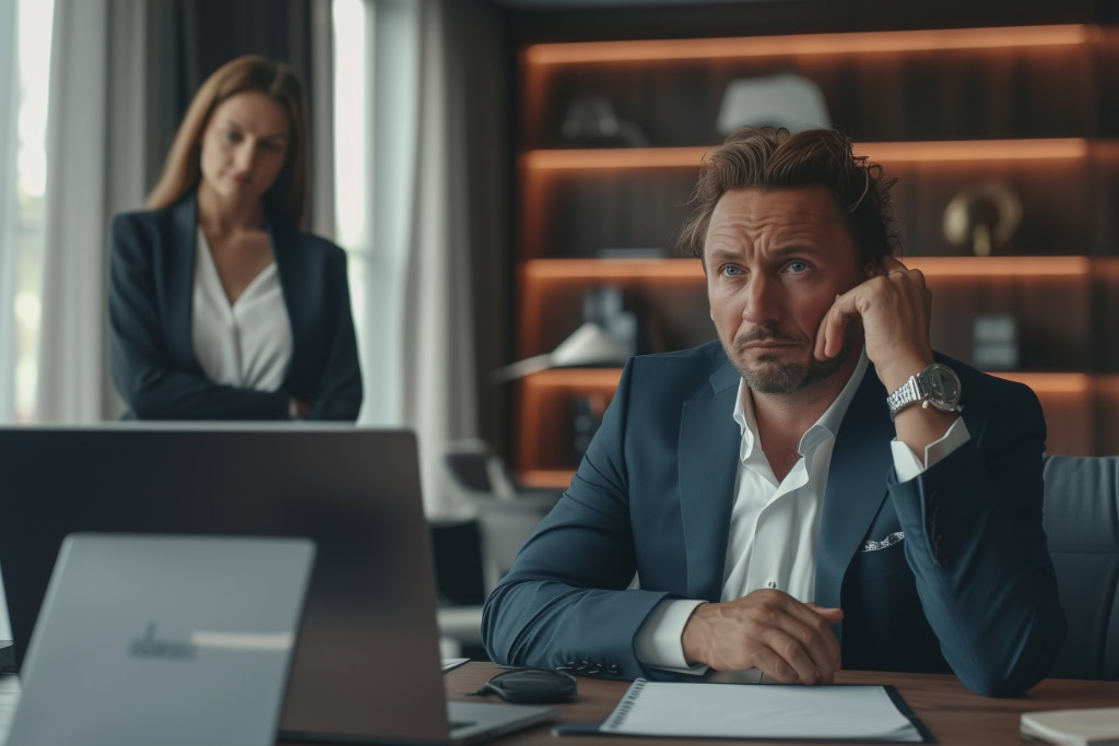 Ein Mann im Anzug sitzt an einem Schreibtisch, hinter ihm eine Frau.