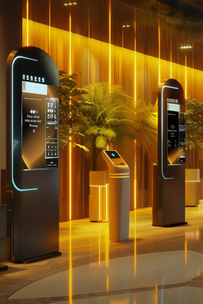 Eine Lobby mit mehreren elektronischen Check-In Anlagen.