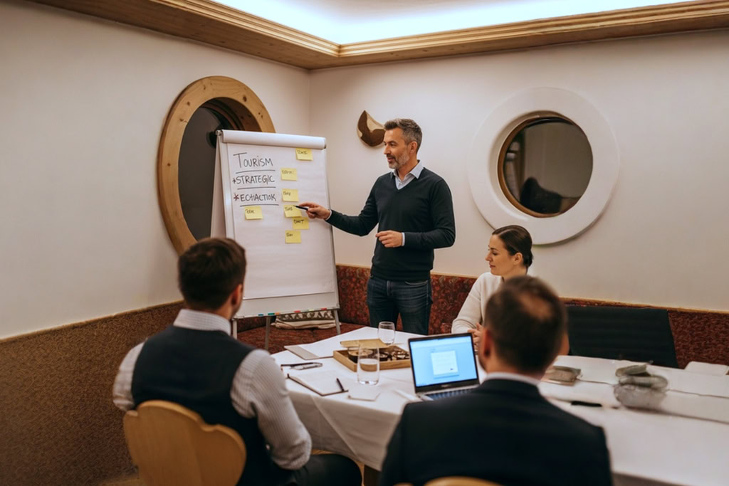 Beratungsmeeting: Team diskutiert Tourismusstrategie am Konferenztisch