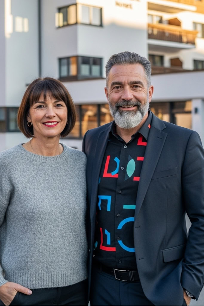 Ein Mann und eine Frau stehen vor einem Hotel.