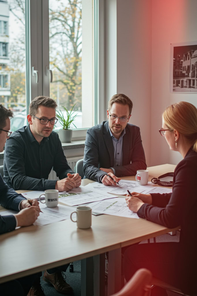 Vier Geschäftsleute sitzen um einen Tisch mit Papieren.