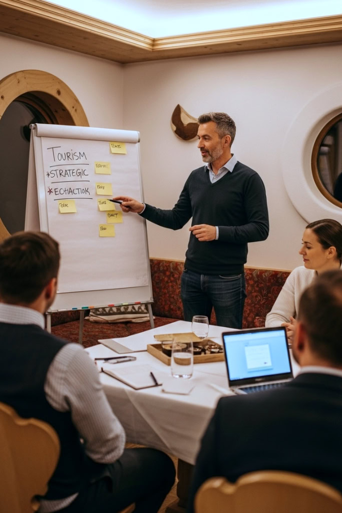 Mann hält Präsentation vor Geschäftsleuten in einem Konferenzraum.