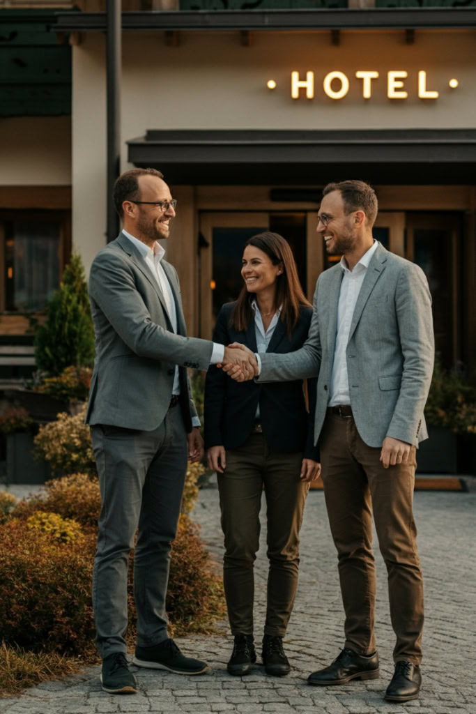 Drei Geschäftsleute schütteln sich vor einem Hotel die Hände.