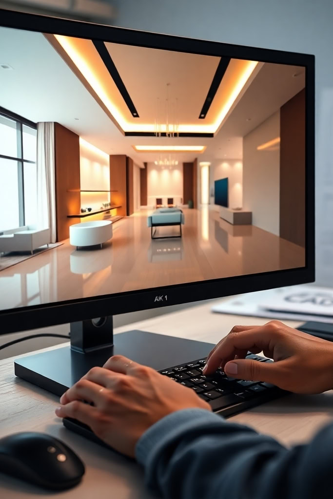 Eine Person, die einen Computer benutzt, um eine virtuelle Darstellung eines Hotelzimmers zu besichtigen.