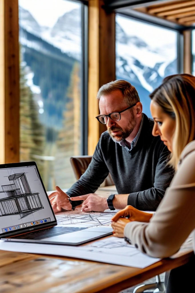 Architekten bei der Arbeit an einem Projekt in einer Berglandschaft.