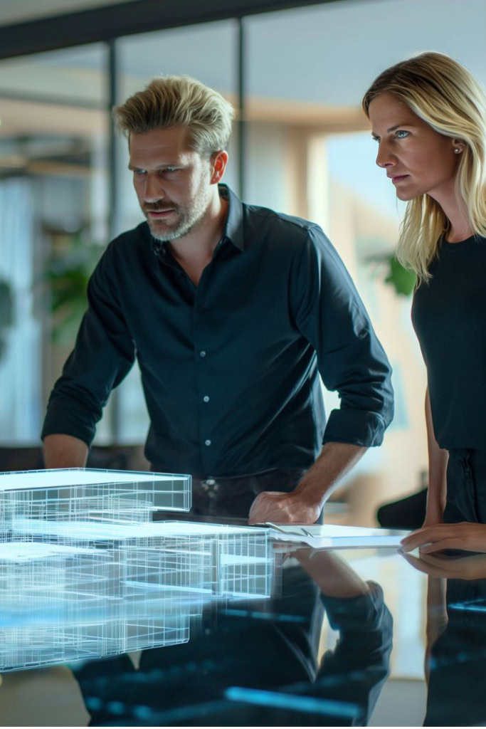 Zwei Personen betrachten ein futuristisches 3D Hotel Design auf einem Tisch.