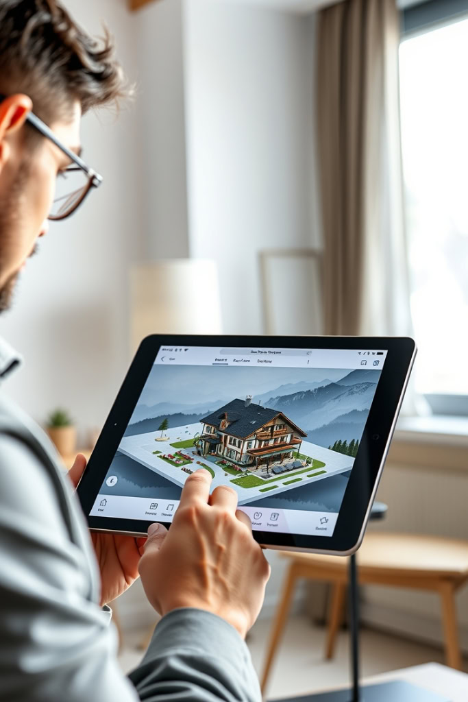 Ein Mann benutzt ein iPad, um ein virtuelles 3D Haus zu besichtigen.